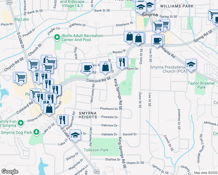 map of restaurants, bars, coffee shops, grocery stores, and more near 3241 Concord Circle Southeast in Smyrna