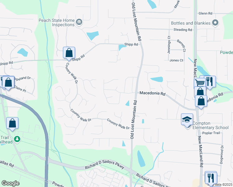 map of restaurants, bars, coffee shops, grocery stores, and more near 4517 Legend Hollow Lane in Powder Springs