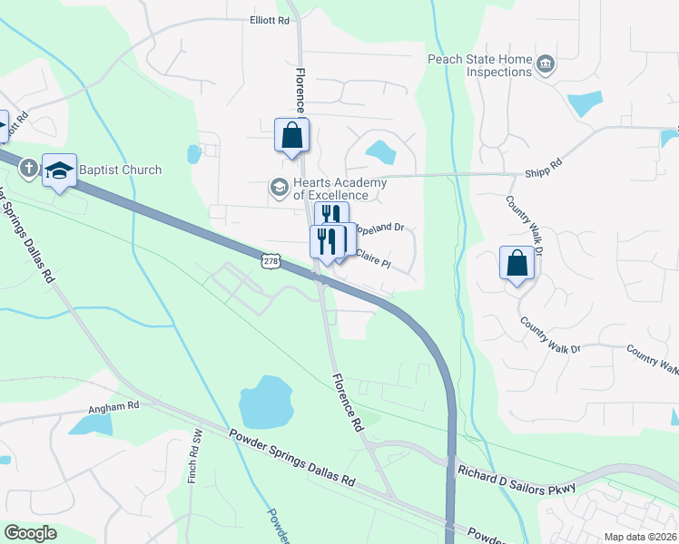 map of restaurants, bars, coffee shops, grocery stores, and more near 3200 Hopeland Industrial Drive in Powder Springs