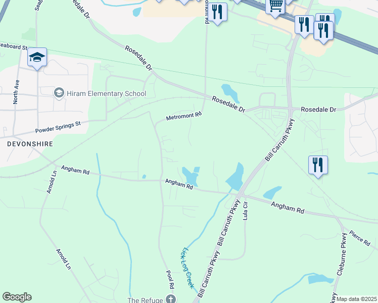 map of restaurants, bars, coffee shops, grocery stores, and more near 150 Hiram Industrial Drive in Hiram