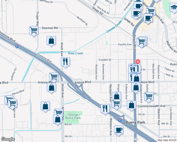 map of restaurants, bars, coffee shops, grocery stores, and more near 5992 Spring Street in Buena Park
