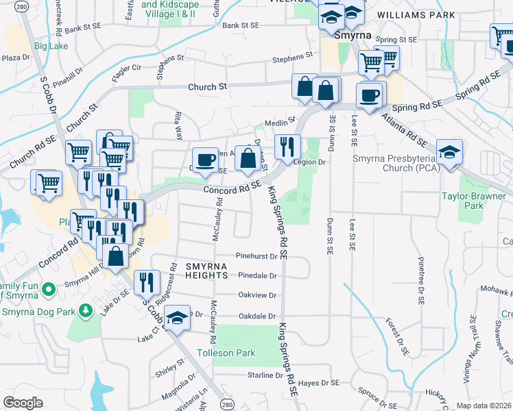 map of restaurants, bars, coffee shops, grocery stores, and more near 3241 Concord Circle Southeast in Smyrna