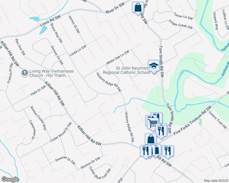 map of restaurants, bars, coffee shops, grocery stores, and more near 756 Bruce Way Southwest in Lilburn