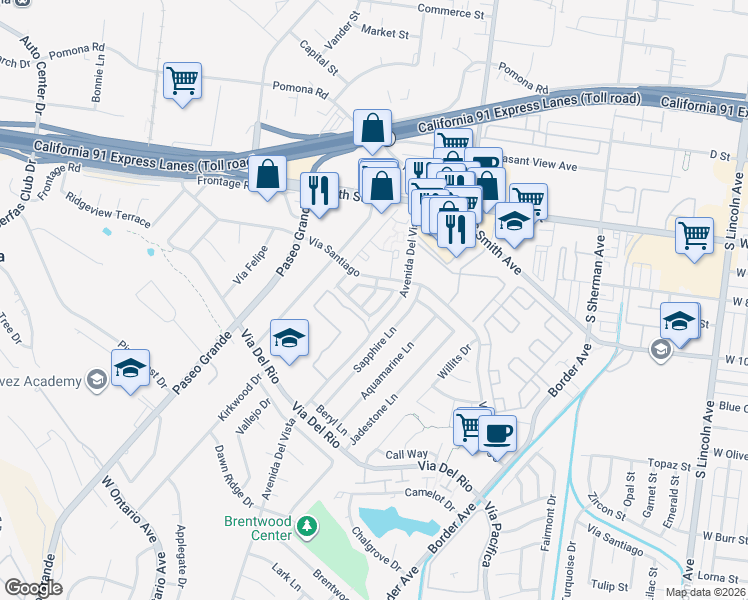 map of restaurants, bars, coffee shops, grocery stores, and more near 881 Live Oak Place in Corona
