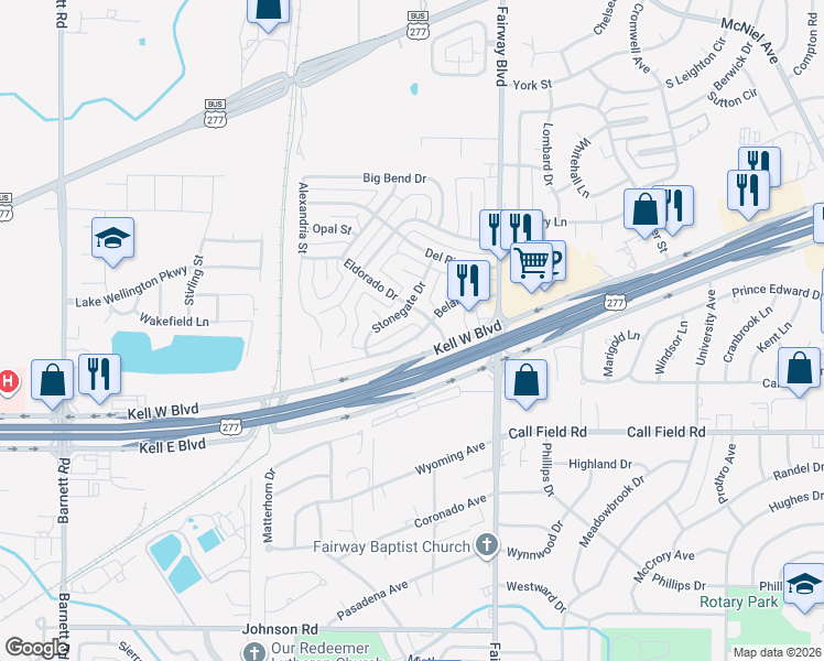 map of restaurants, bars, coffee shops, grocery stores, and more near 4812 Belair Boulevard in Wichita Falls