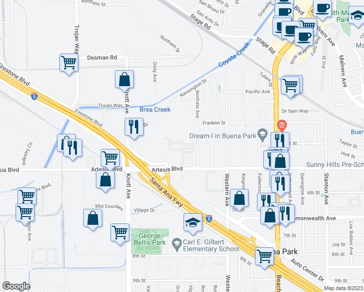map of restaurants, bars, coffee shops, grocery stores, and more near 5992 Spring Street in Buena Park