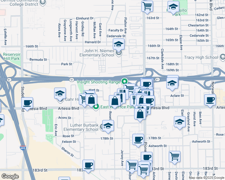 map of restaurants, bars, coffee shops, grocery stores, and more near 17211 Roseton Avenue in Artesia
