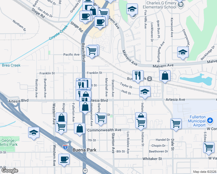 map of restaurants, bars, coffee shops, grocery stores, and more near 5862 Marshall Avenue in Buena Park