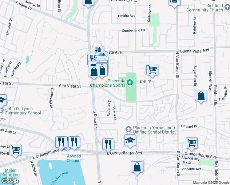 map of restaurants, bars, coffee shops, grocery stores, and more near 587 Patten Avenue in Placentia