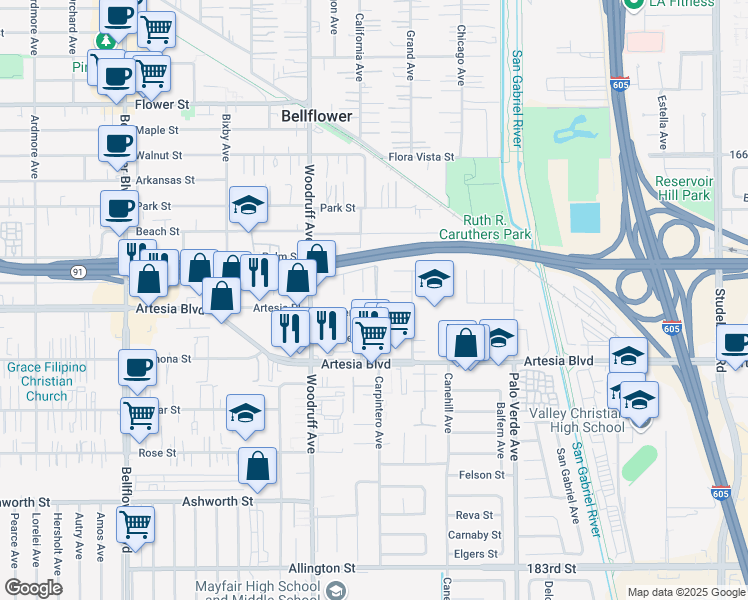 map of restaurants, bars, coffee shops, grocery stores, and more near 10305 Hacienda Street in Bellflower