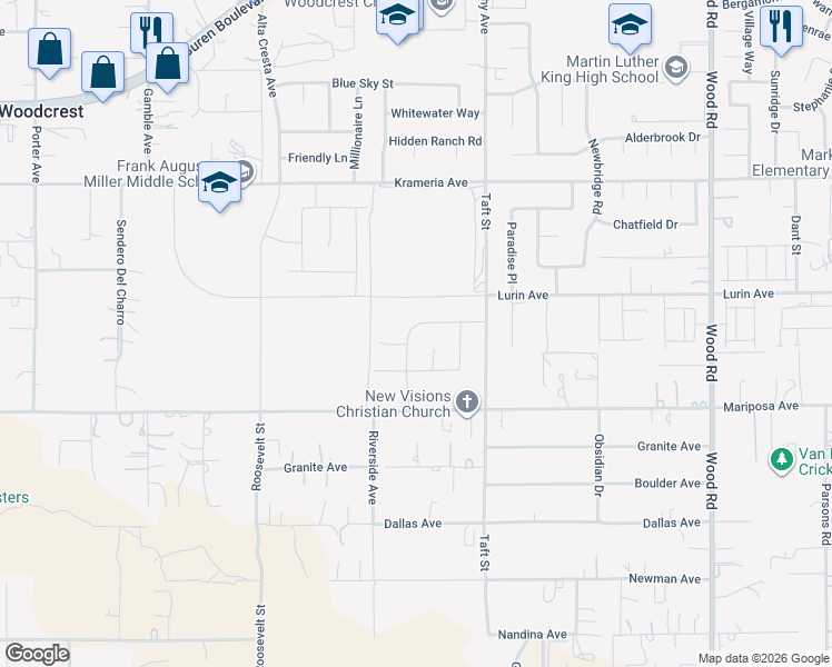 map of restaurants, bars, coffee shops, grocery stores, and more near 18337 Park Mountain Dr in Riverside