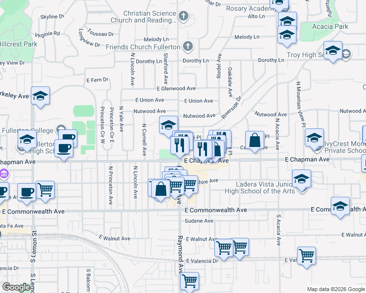 map of restaurants, bars, coffee shops, grocery stores, and more near 1205 Central Avenue in Fullerton