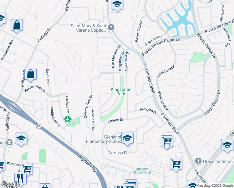 map of restaurants, bars, coffee shops, grocery stores, and more near 5951 Kingsbriar Drive in Yorba Linda