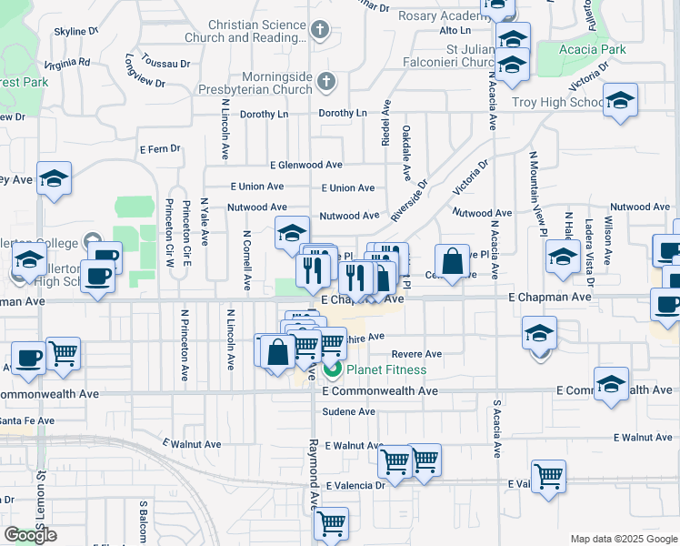 map of restaurants, bars, coffee shops, grocery stores, and more near 1229 Central Avenue in Fullerton