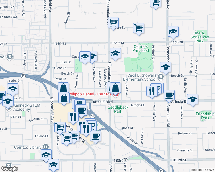map of restaurants, bars, coffee shops, grocery stores, and more near 17218 Maurice Avenue in Cerritos