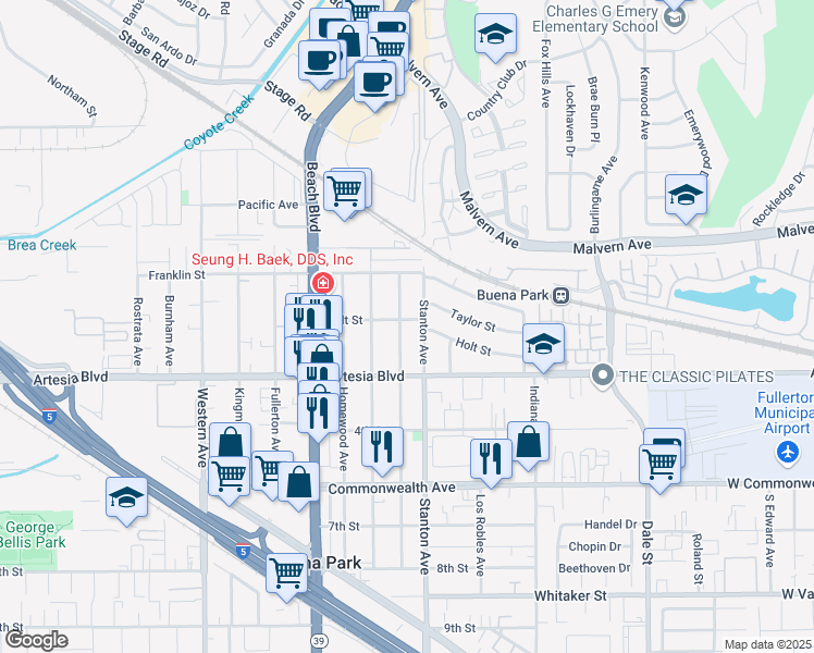 map of restaurants, bars, coffee shops, grocery stores, and more near 5862 Marshall Avenue in Buena Park