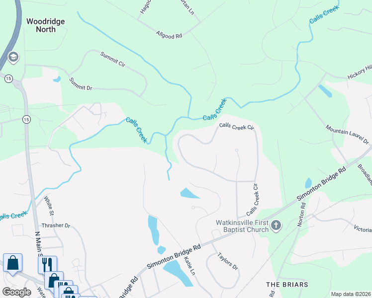 map of restaurants, bars, coffee shops, grocery stores, and more near 1621 Calls Creek Circle in Watkinsville