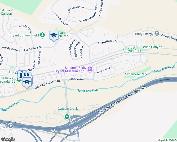 map of restaurants, bars, coffee shops, grocery stores, and more near 25358 Rancho Santa Ana Road in Yorba Linda