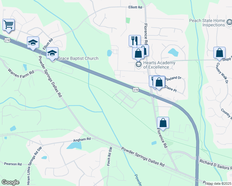 map of restaurants, bars, coffee shops, grocery stores, and more near 5244 Carrington Park Drive in Powder Springs