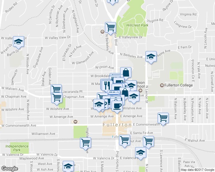 map of restaurants, bars, coffee shops, grocery stores, and more near 130 West Malvern Avenue in Fullerton