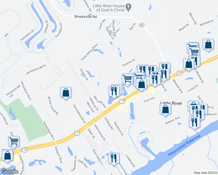 map of restaurants, bars, coffee shops, grocery stores, and more near 4206 Pinehurst Circle in Little River