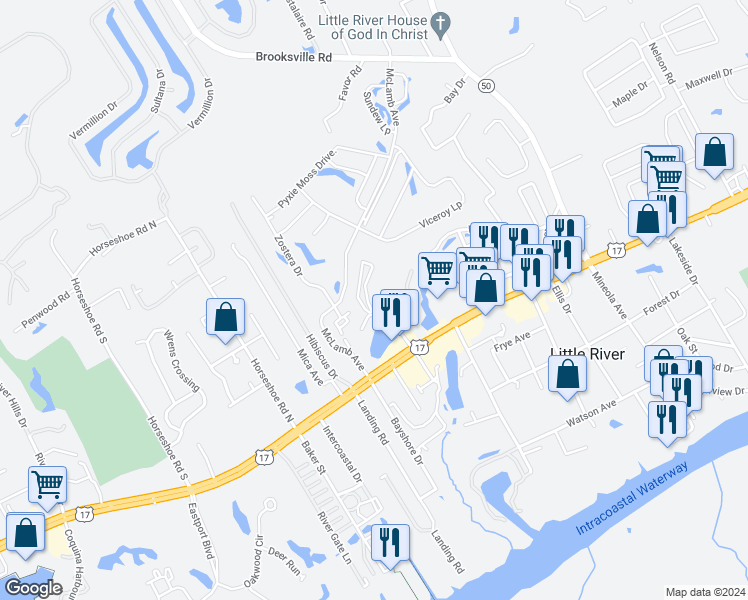 map of restaurants, bars, coffee shops, grocery stores, and more near 4202 Pinehurst Circle in Little River