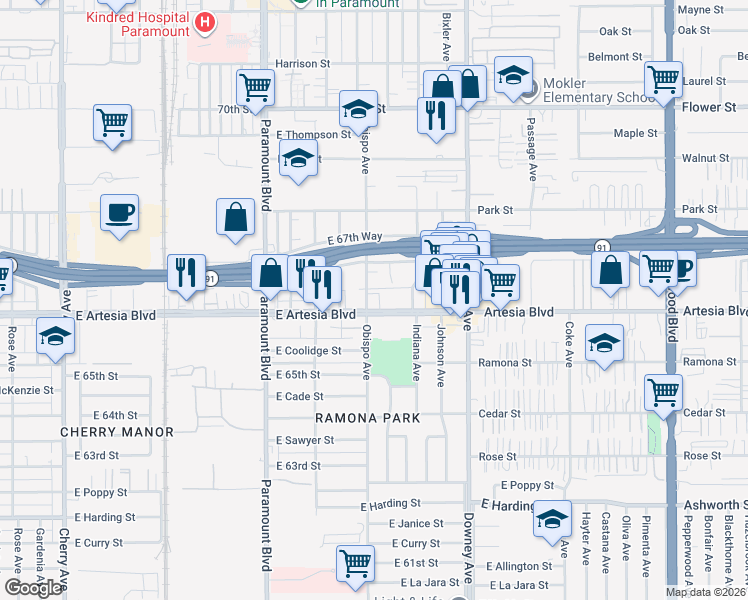 map of restaurants, bars, coffee shops, grocery stores, and more near 3251 East Artesia Boulevard in Long Beach