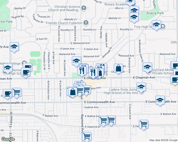 map of restaurants, bars, coffee shops, grocery stores, and more near 1229 Central Avenue in Fullerton