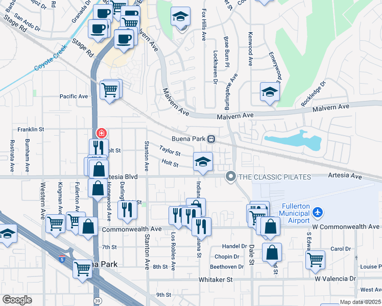 map of restaurants, bars, coffee shops, grocery stores, and more near 8201 Taylor Street in Buena Park