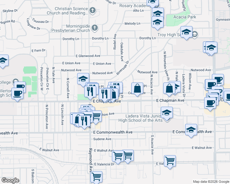 map of restaurants, bars, coffee shops, grocery stores, and more near 1331 Victoria Drive in Fullerton