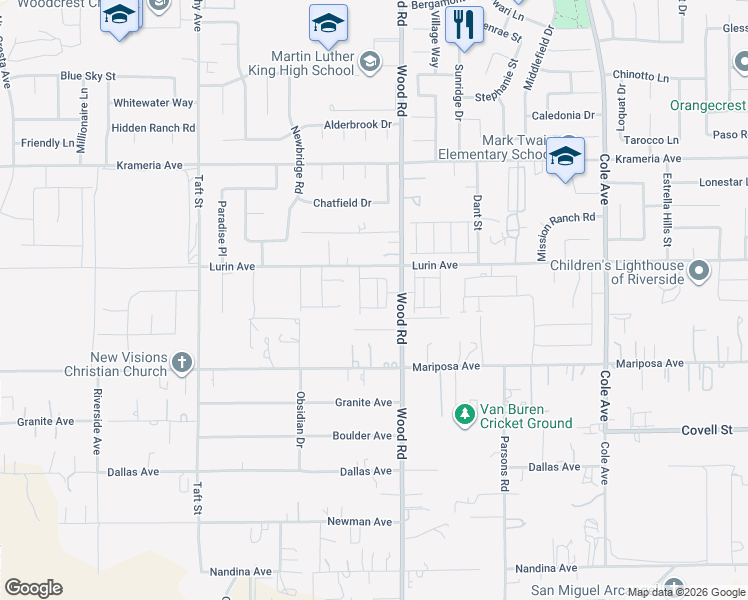 map of restaurants, bars, coffee shops, grocery stores, and more near 18910 Doving Lane in Riverside