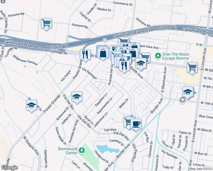map of restaurants, bars, coffee shops, grocery stores, and more near 817 Live Oak Place in Corona
