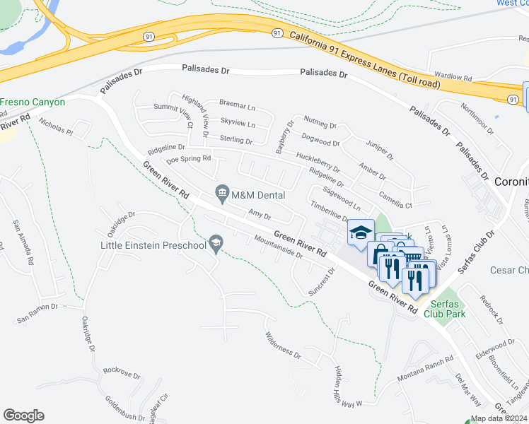 map of restaurants, bars, coffee shops, grocery stores, and more near 3339 Amy Drive in Corona