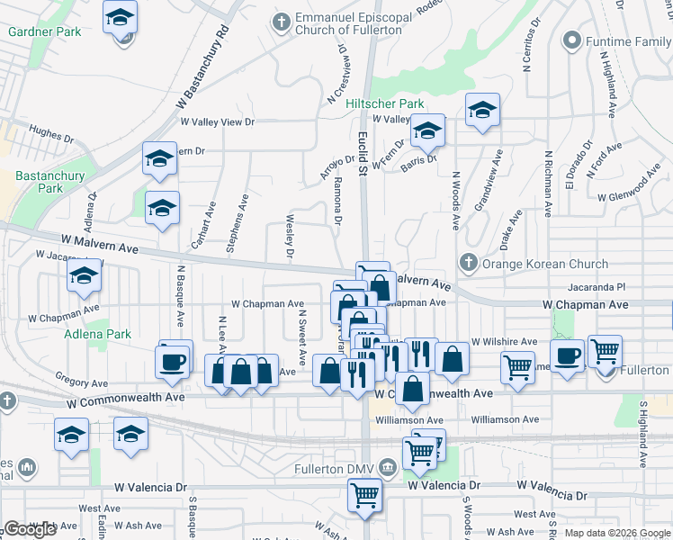 map of restaurants, bars, coffee shops, grocery stores, and more near 409 North Orange Avenue in Fullerton