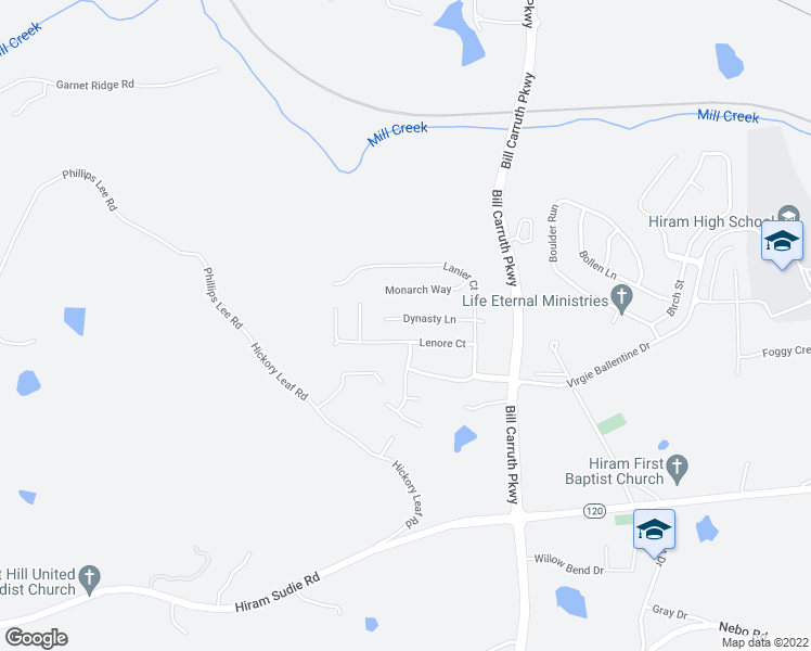 map of restaurants, bars, coffee shops, grocery stores, and more near 165 Dynasty Lane in Hiram