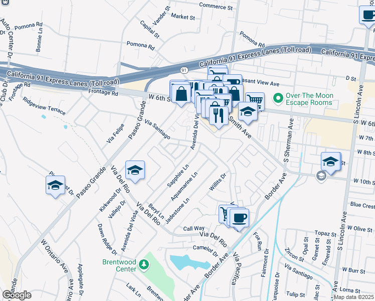 map of restaurants, bars, coffee shops, grocery stores, and more near 817 Live Oak Place in Corona
