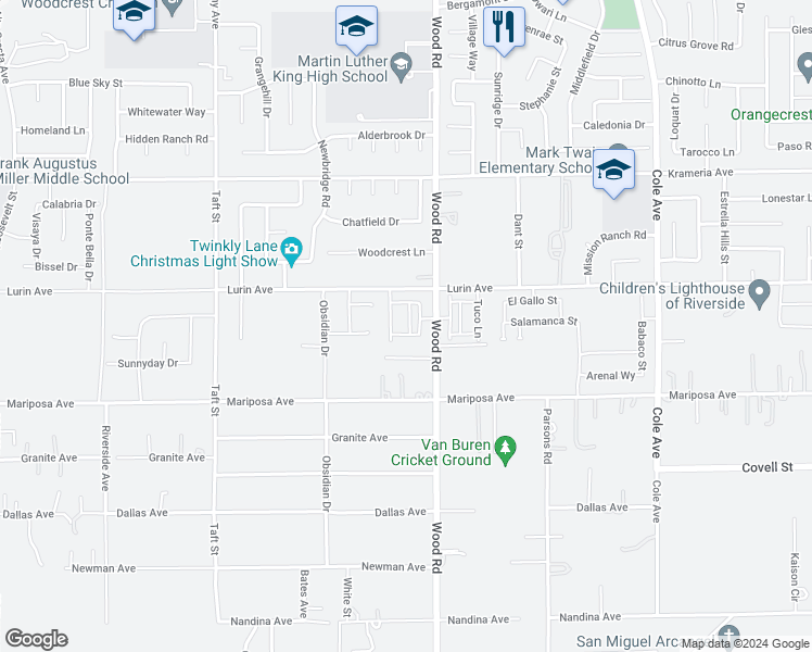 map of restaurants, bars, coffee shops, grocery stores, and more near 9657 Summertime Terrace in Riverside