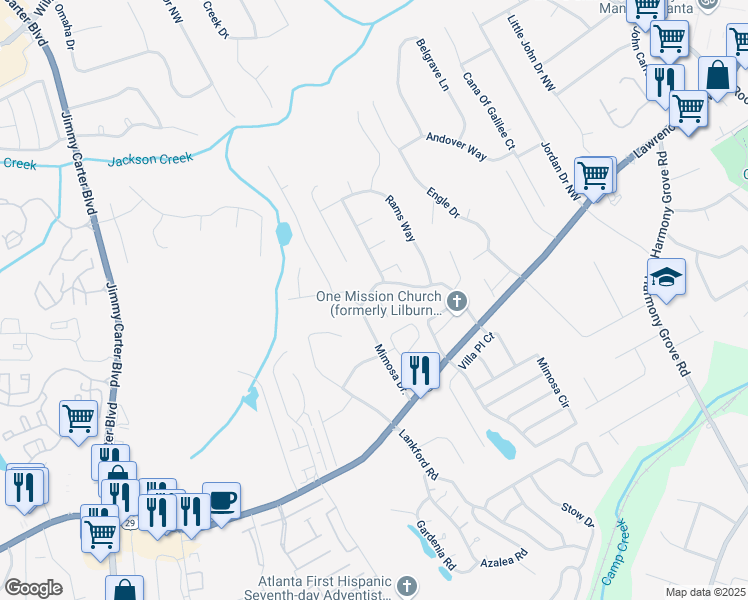 map of restaurants, bars, coffee shops, grocery stores, and more near 6030 Grovegate Lane in Tucker