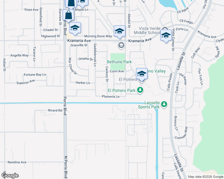 map of restaurants, bars, coffee shops, grocery stores, and more near 16899 Hollyhock Drive in Moreno Valley