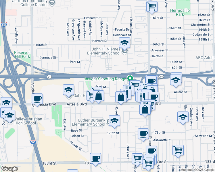 map of restaurants, bars, coffee shops, grocery stores, and more near 11457 Aclare Street in Artesia