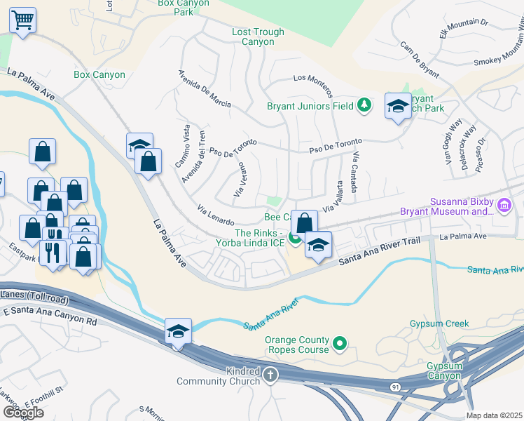 map of restaurants, bars, coffee shops, grocery stores, and more near 24510 Vía Arriba Linda in Yorba Linda