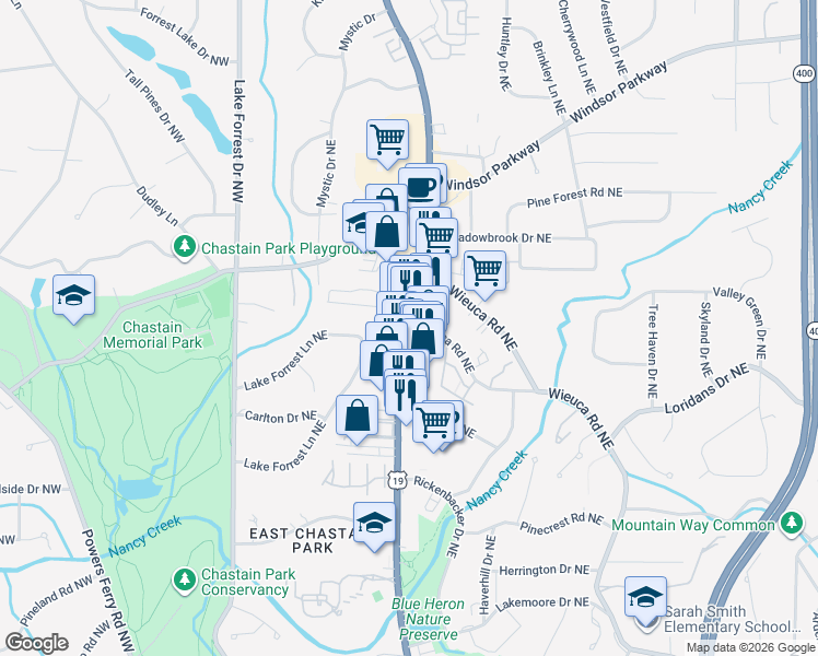 map of restaurants, bars, coffee shops, grocery stores, and more near 4382 Roswell Road Northeast in Atlanta