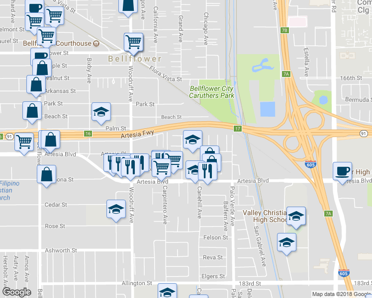map of restaurants, bars, coffee shops, grocery stores, and more near 17408 Grand Avenue in Bellflower