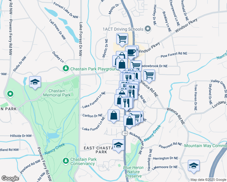 map of restaurants, bars, coffee shops, grocery stores, and more near 156 Lake Forrest Lane Northeast in Atlanta