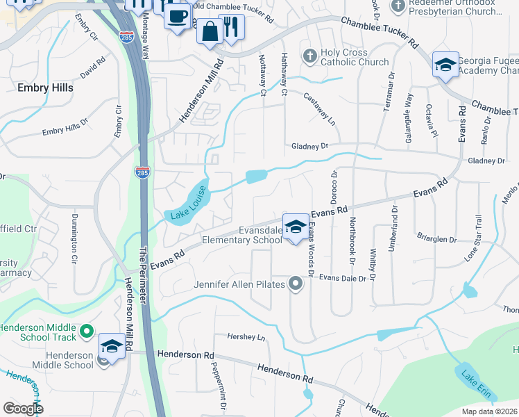 map of restaurants, bars, coffee shops, grocery stores, and more near 2966 Huntshire Place in Doraville