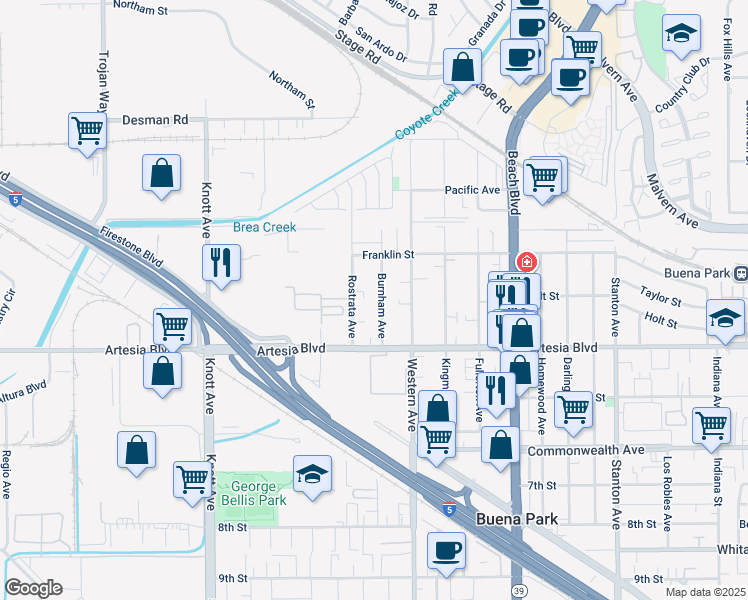 map of restaurants, bars, coffee shops, grocery stores, and more near 5861 Burnham Avenue in Buena Park