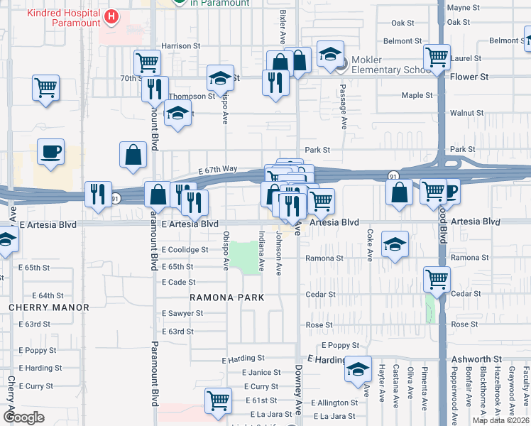 map of restaurants, bars, coffee shops, grocery stores, and more near 3301 East Artesia Boulevard in Long Beach