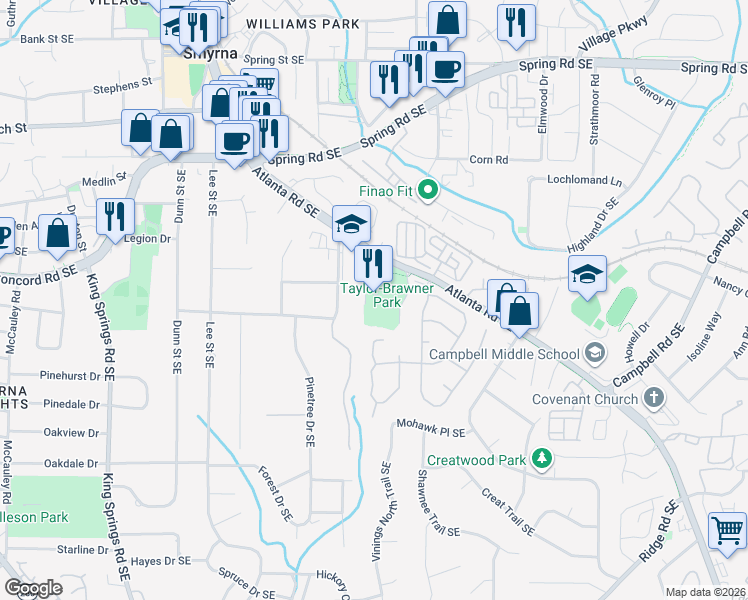 map of restaurants, bars, coffee shops, grocery stores, and more near 3180 Atlanta Road Southeast in Smyrna