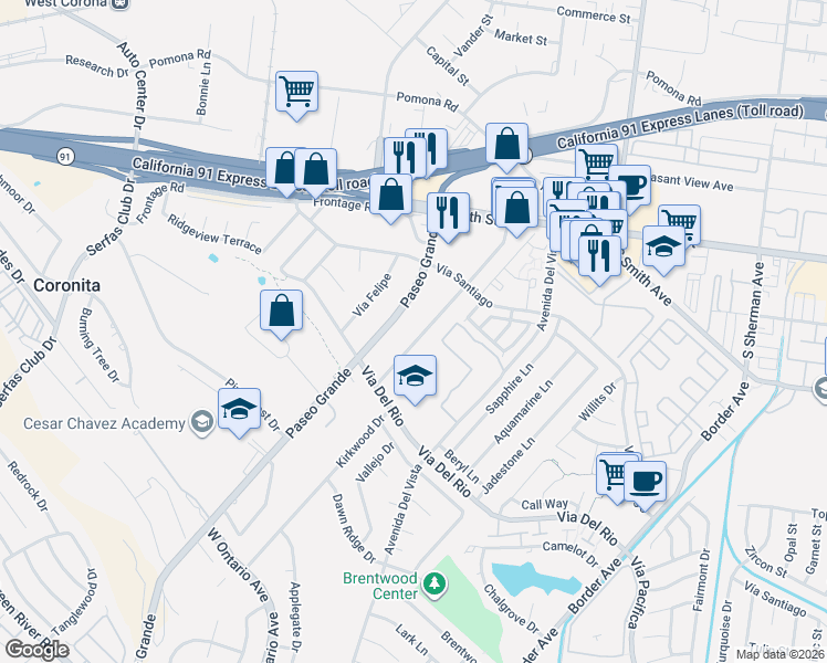 map of restaurants, bars, coffee shops, grocery stores, and more near 856 Vía Bernardo in Corona