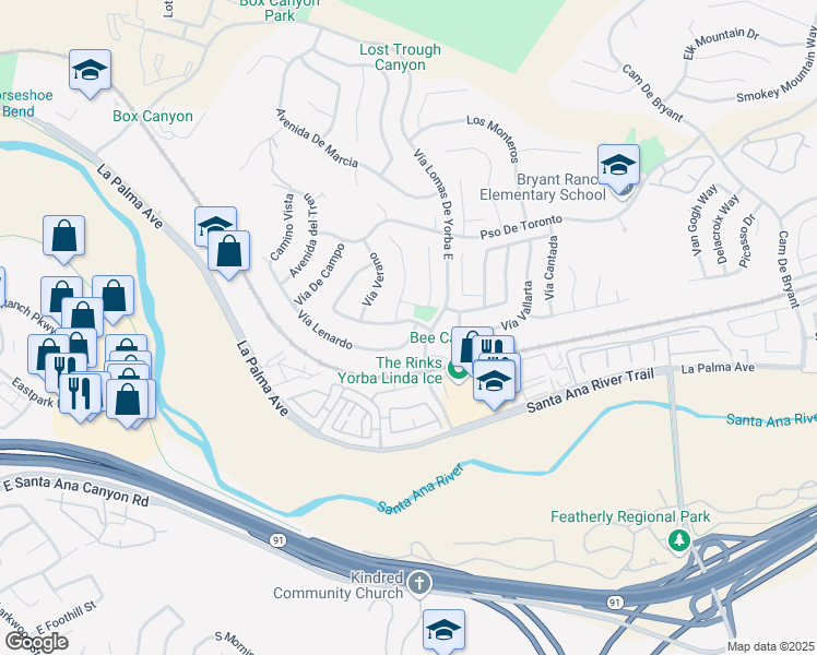 map of restaurants, bars, coffee shops, grocery stores, and more near 24510 Vía Arriba Linda in Yorba Linda